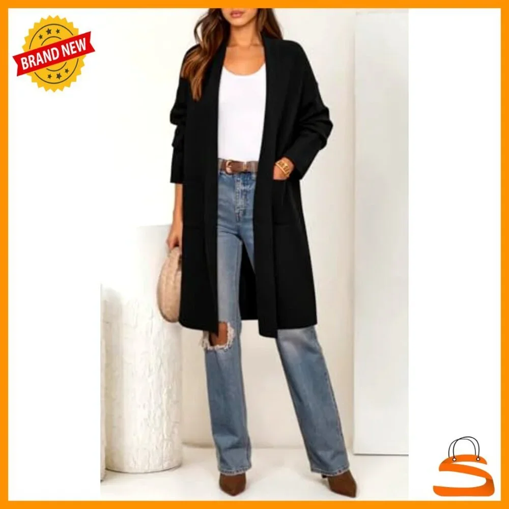 Oversized Long Sleeve Cardigan Chunky Knit Open Front Lapel Collar Trendy - Picture 3 of 7
